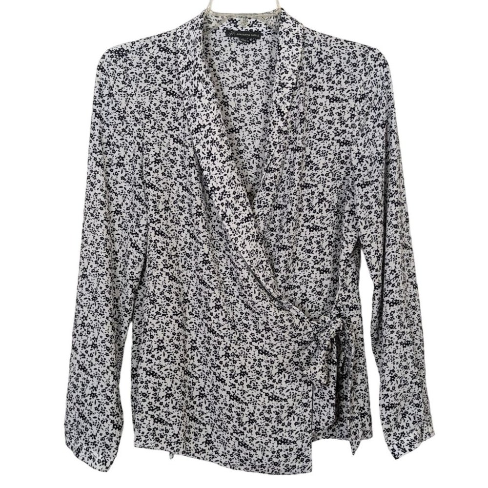 Adrianna Papell long sleeve floral white black wrap career blouse sz S
